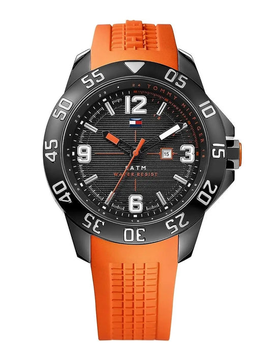 ommy Hilfiger Men’s Quartz Orange Silicone Strap Black Dial 1790985