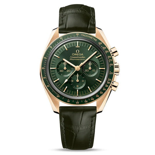 Omega Speedmaster Moonwatch Co‑Axial Master Chronometer en or Moonshine cadran vert bracelet cuir 42 mm