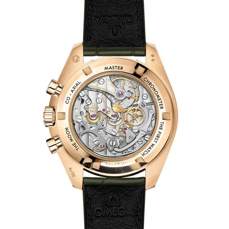 Omega Speedmaster Moonwatch Co‑Axial Master Chronometer en or Moonshine cadran vert bracelet cuir 42 mm